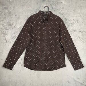 Express Brown Corduroy Geo Print Button Up Shirt Men's Large Long Sleeve Earthy